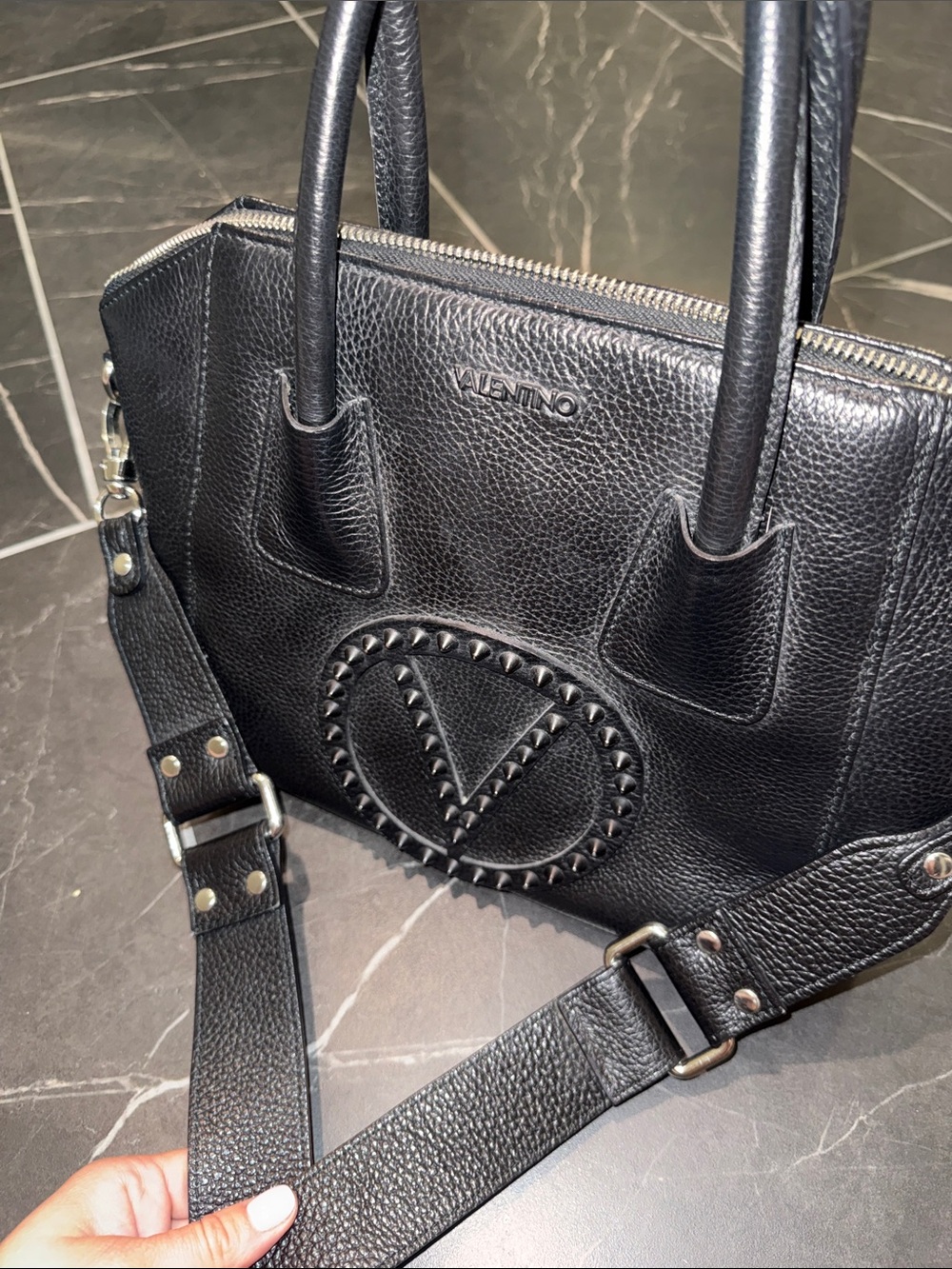 Valentino Black Leather Studded V Satchel Bag - Picture 3 of 6